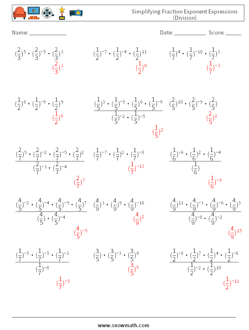 Simplifying Fraction Exponent Expressions (Division) Maths Worksheets 6 Question, Answer