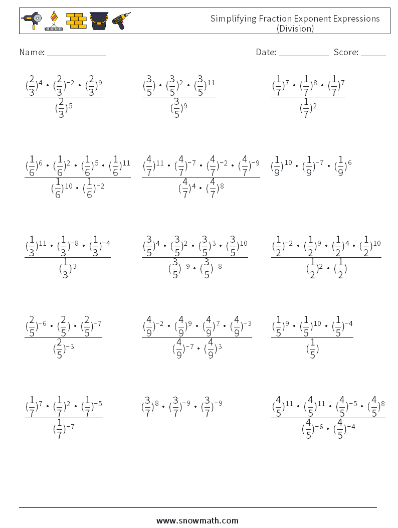 Simplifying Fraction Exponent Expressions (Division) Maths Worksheets 7