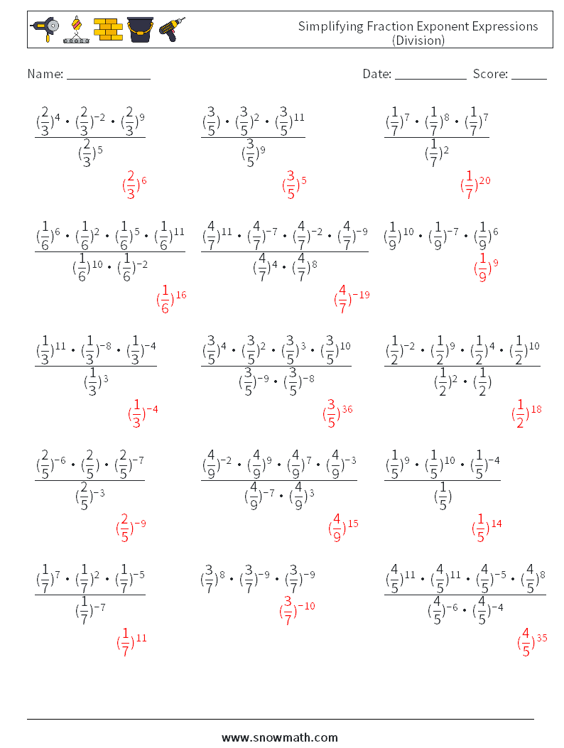 Simplifying Fraction Exponent Expressions (Division) Maths Worksheets 7 Question, Answer