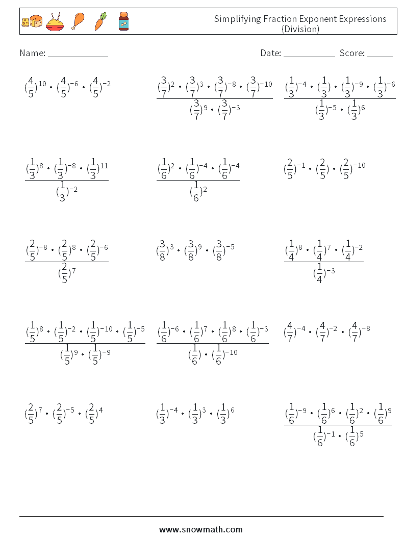 Simplifying Fraction Exponent Expressions (Division) Maths Worksheets 8