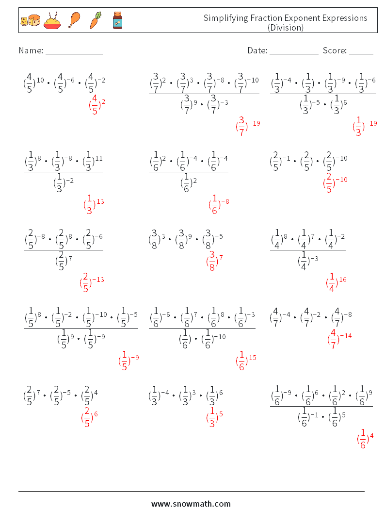 Simplifying Fraction Exponent Expressions (Division) Maths Worksheets 8 Question, Answer