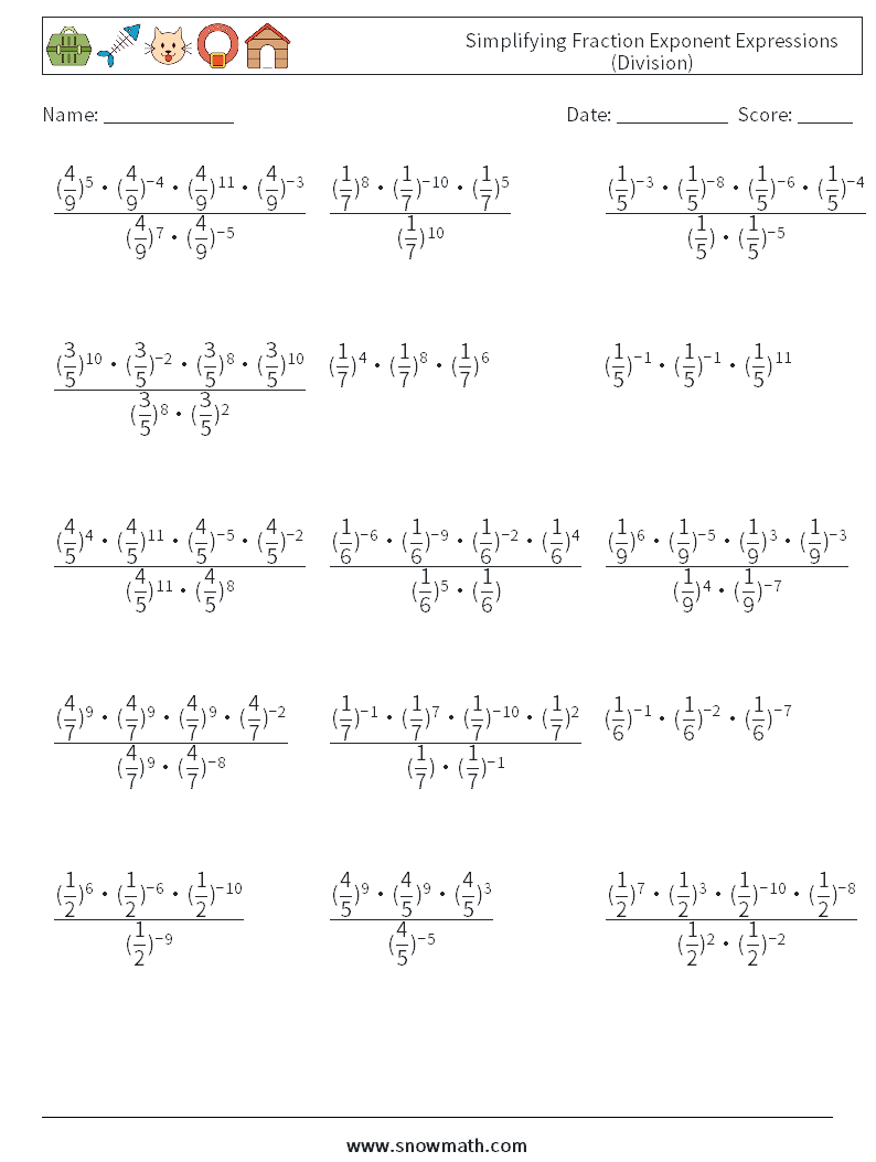 Simplifying Fraction Exponent Expressions (Division) Maths Worksheets 9