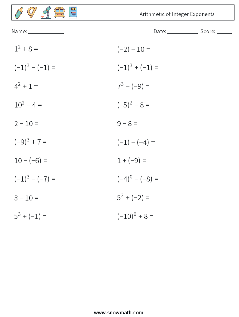 Arithmetic of Integer Exponents Maths Worksheets 1