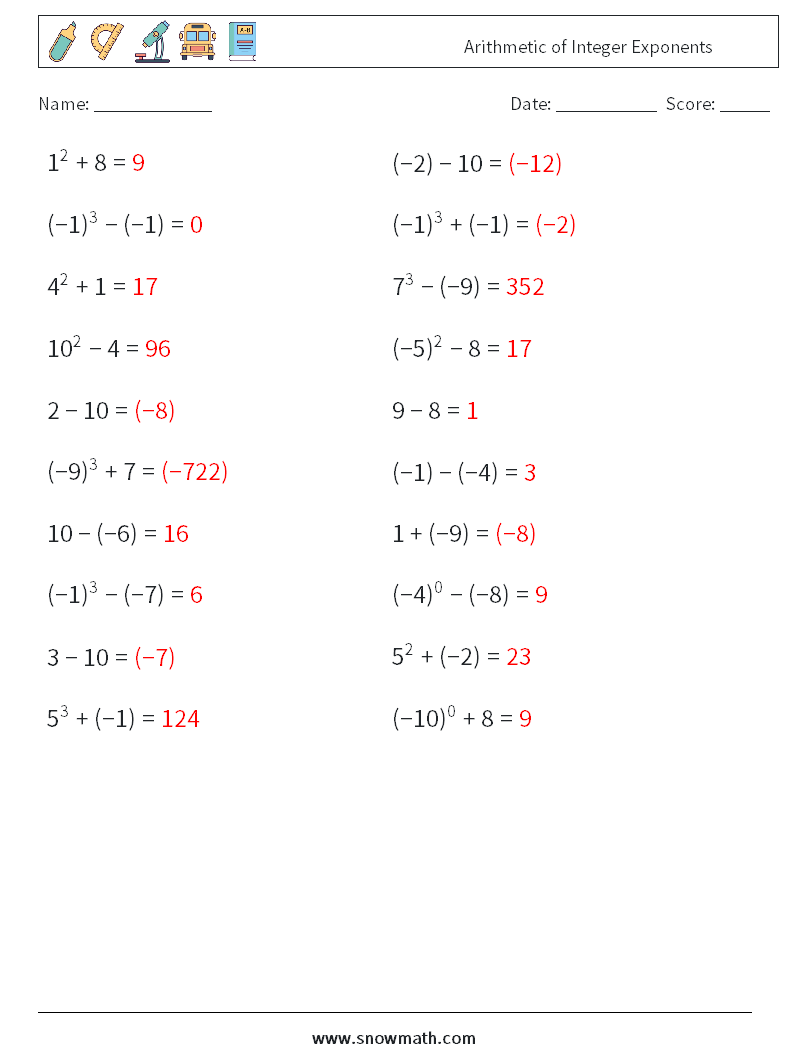 Arithmetic of Integer Exponents Maths Worksheets 1 Question, Answer