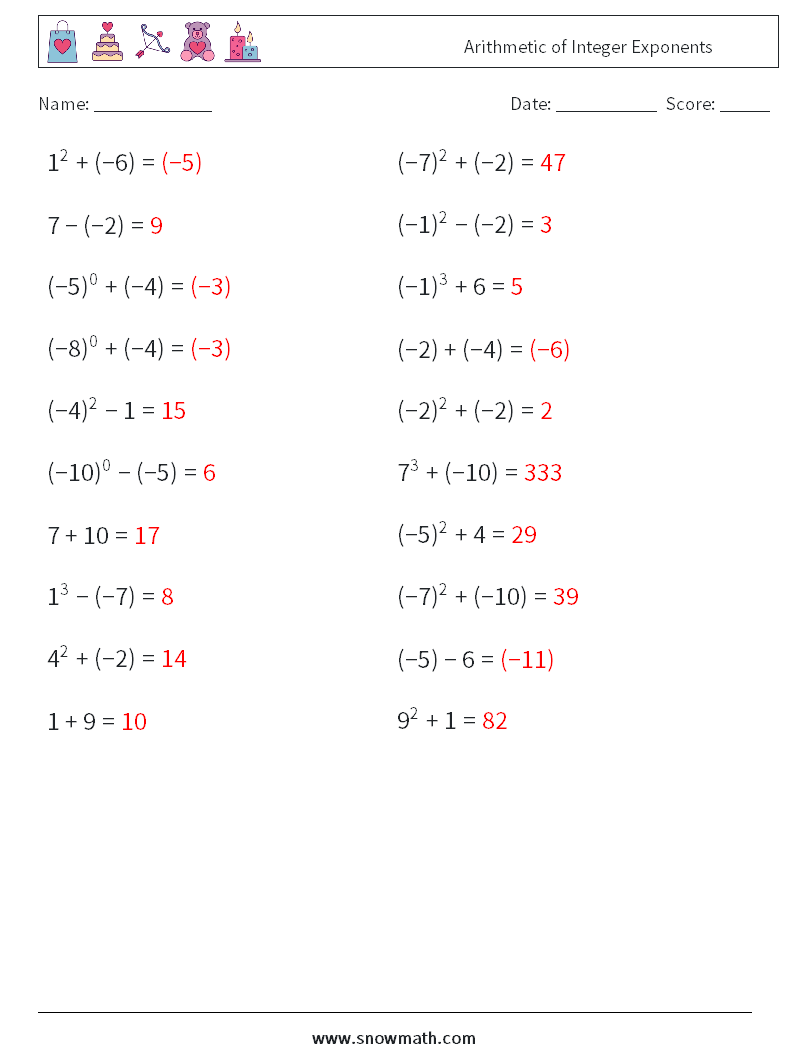 Arithmetic of Integer Exponents Maths Worksheets 2 Question, Answer