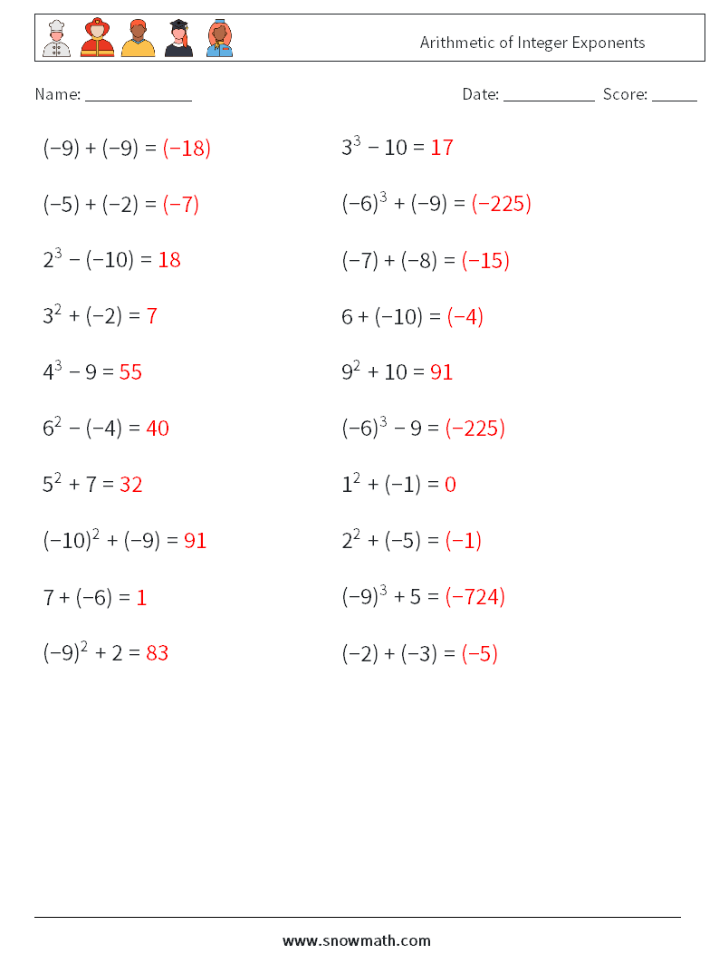 Arithmetic of Integer Exponents Maths Worksheets 3 Question, Answer