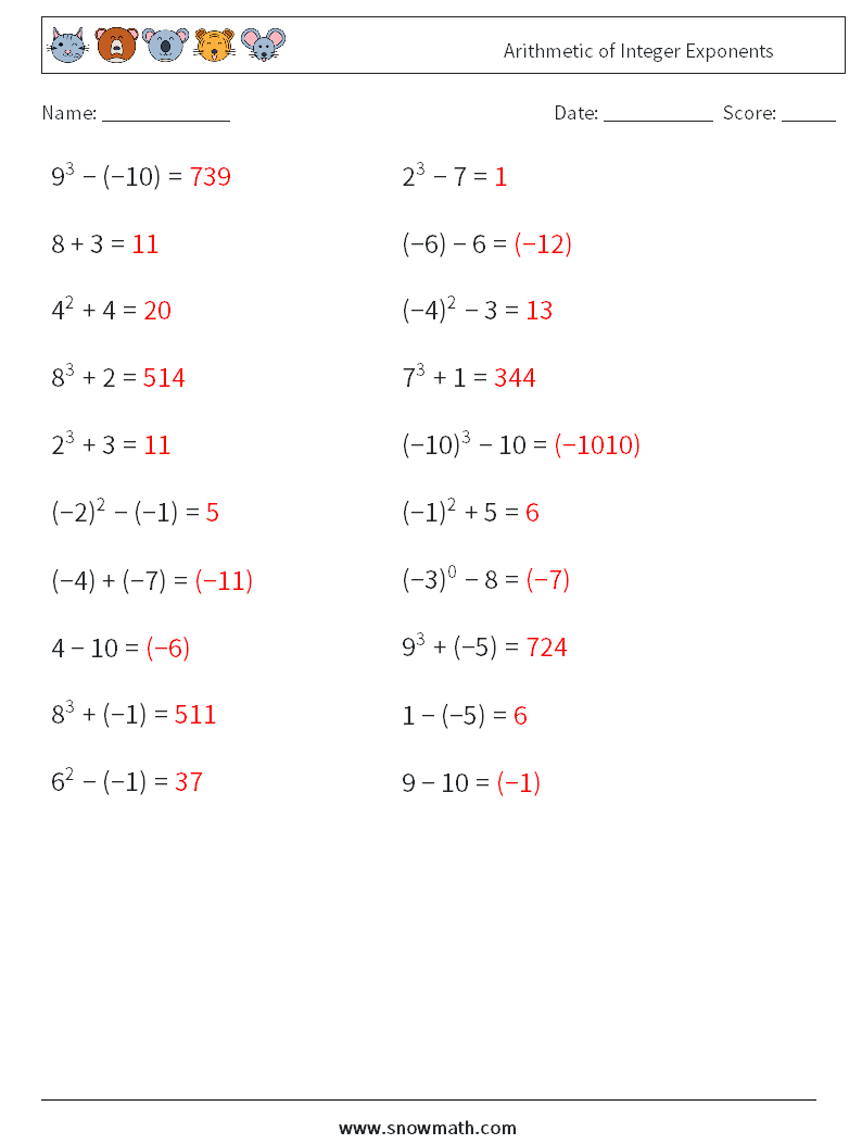 Arithmetic of Integer Exponents Maths Worksheets 4 Question, Answer