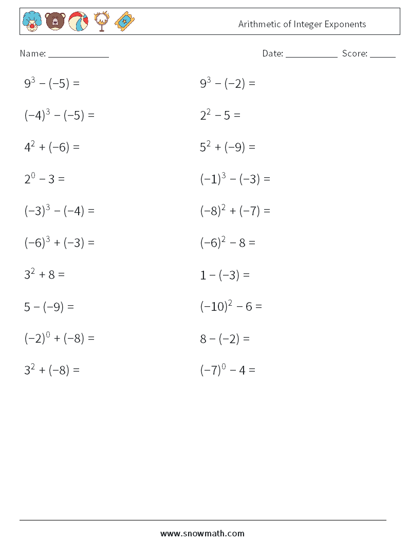 Arithmetic of Integer Exponents Maths Worksheets 5