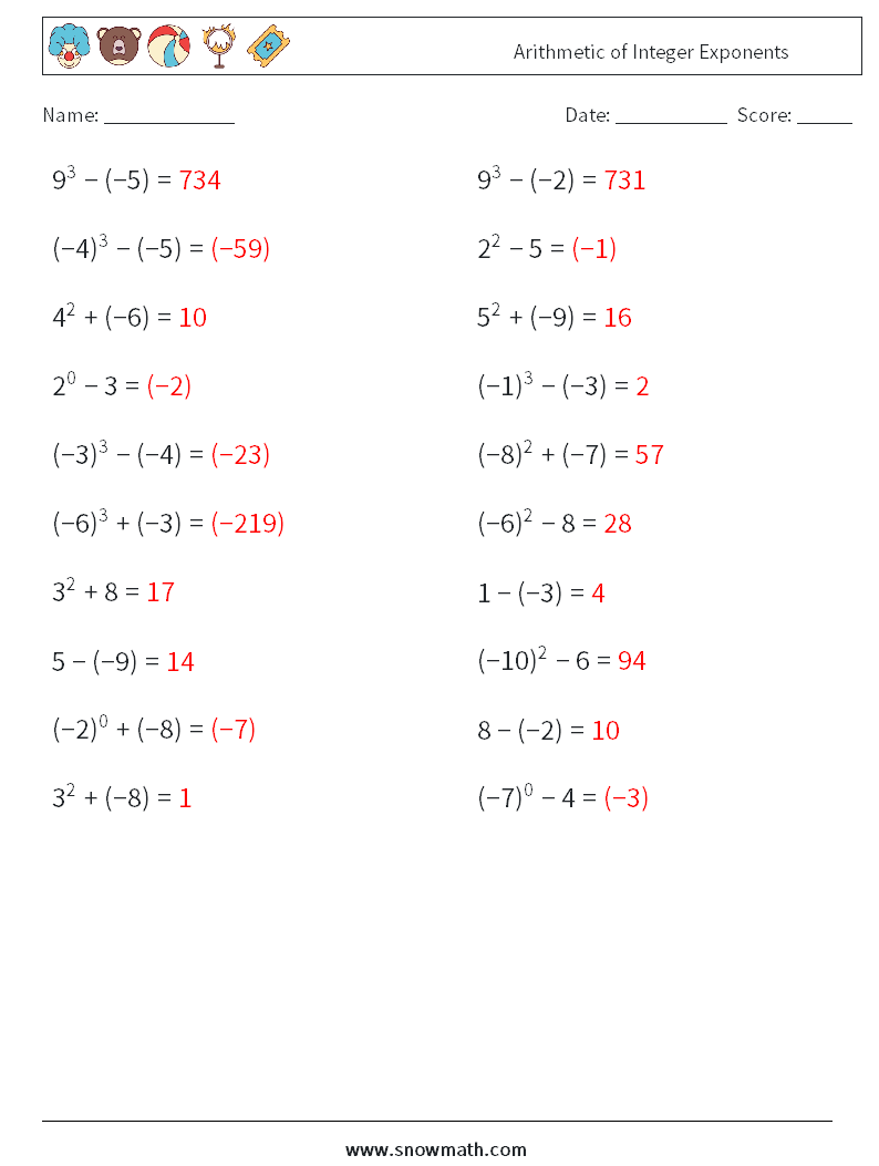 Arithmetic of Integer Exponents Maths Worksheets 5 Question, Answer