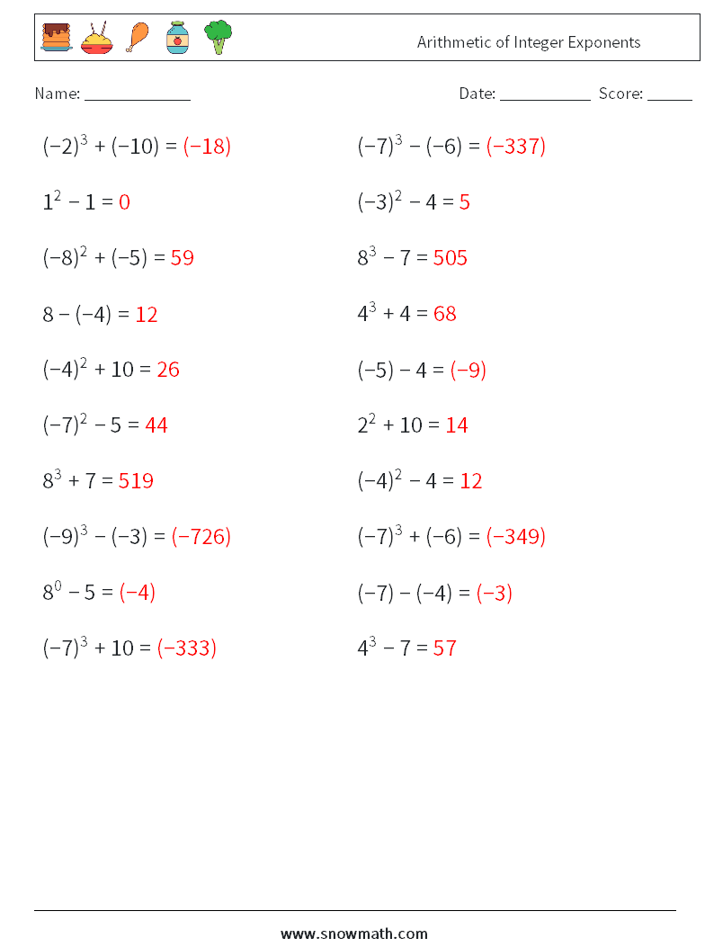 Arithmetic of Integer Exponents Maths Worksheets 6 Question, Answer
