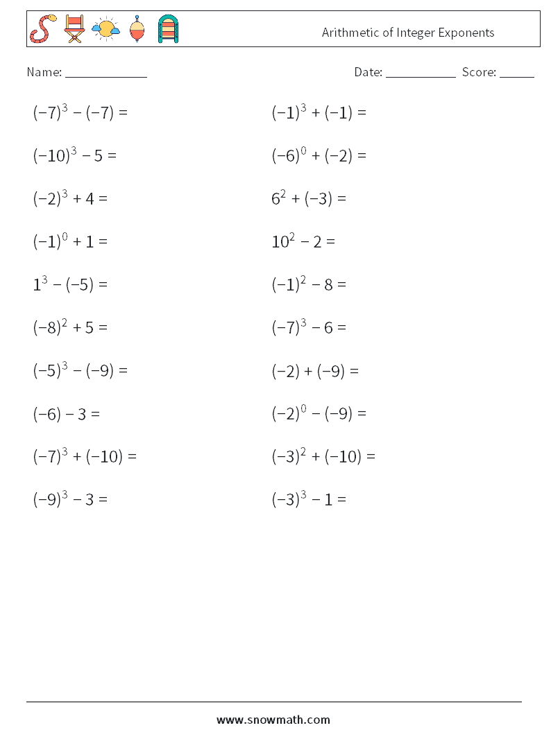 Arithmetic of Integer Exponents Maths Worksheets 7