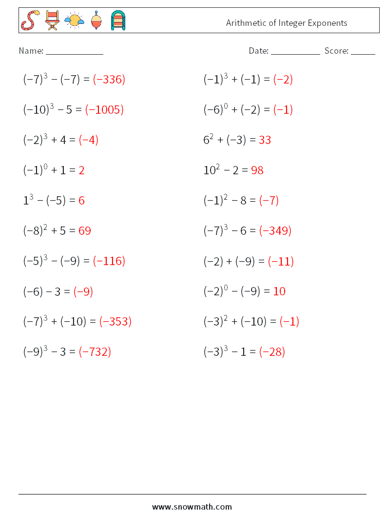 Arithmetic of Integer Exponents Maths Worksheets 7 Question, Answer