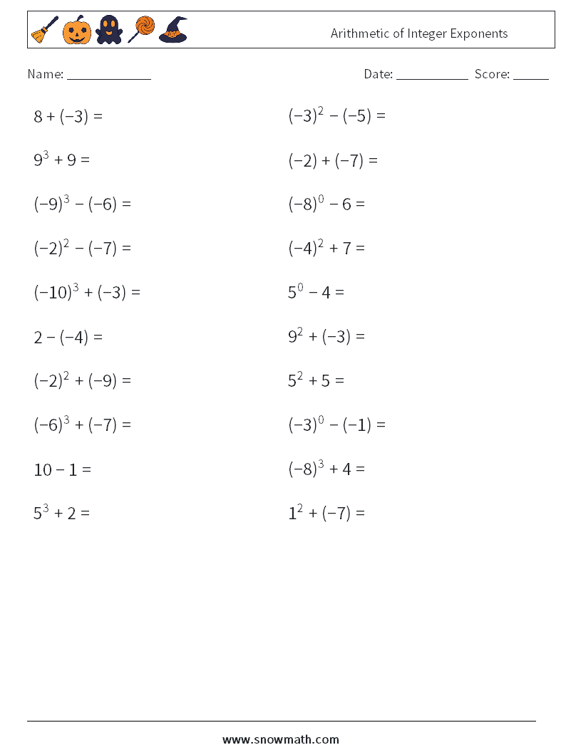 Arithmetic of Integer Exponents Maths Worksheets 8