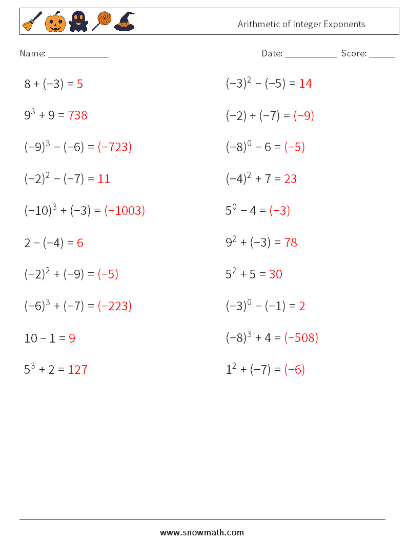 Arithmetic of Integer Exponents Maths Worksheets 8 Question, Answer