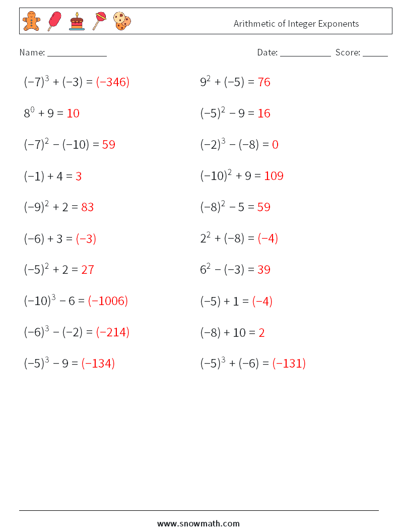 Arithmetic of Integer Exponents Maths Worksheets 9 Question, Answer