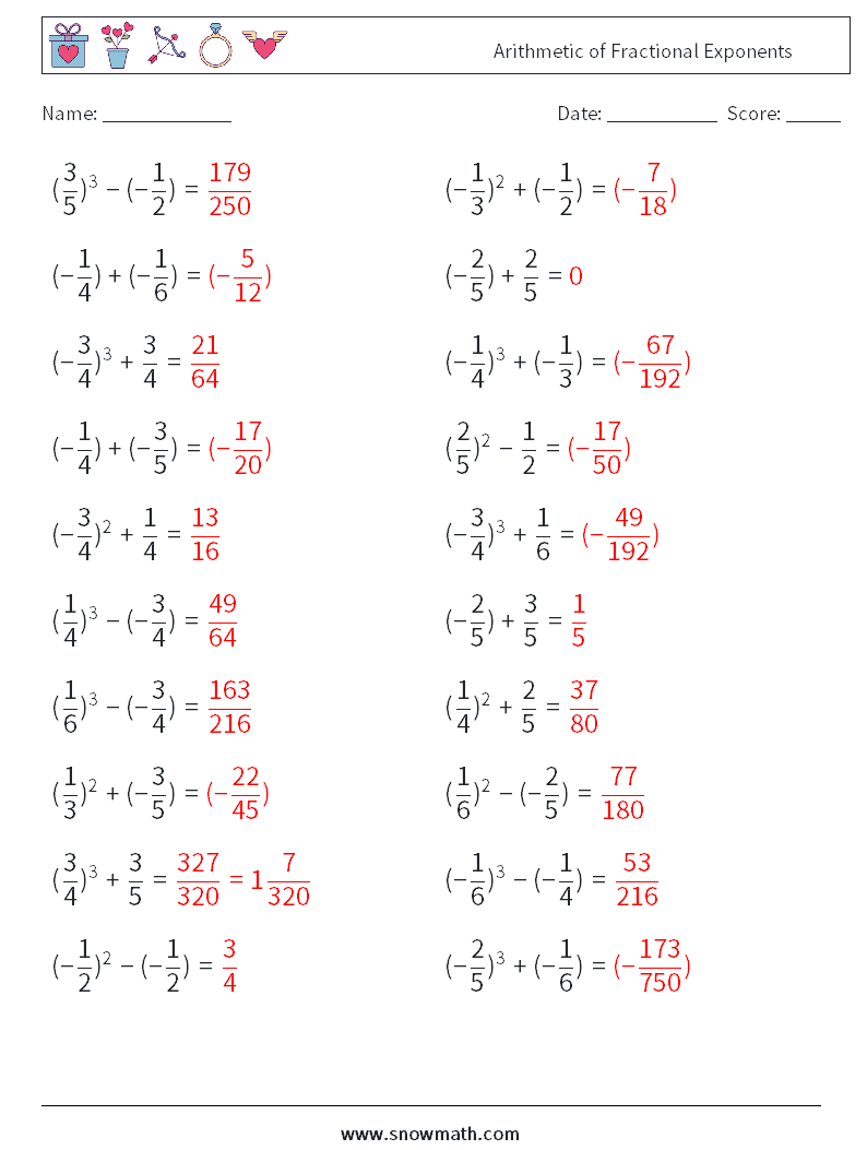 Arithmetic of Fractional Exponents Maths Worksheets 1 Question, Answer