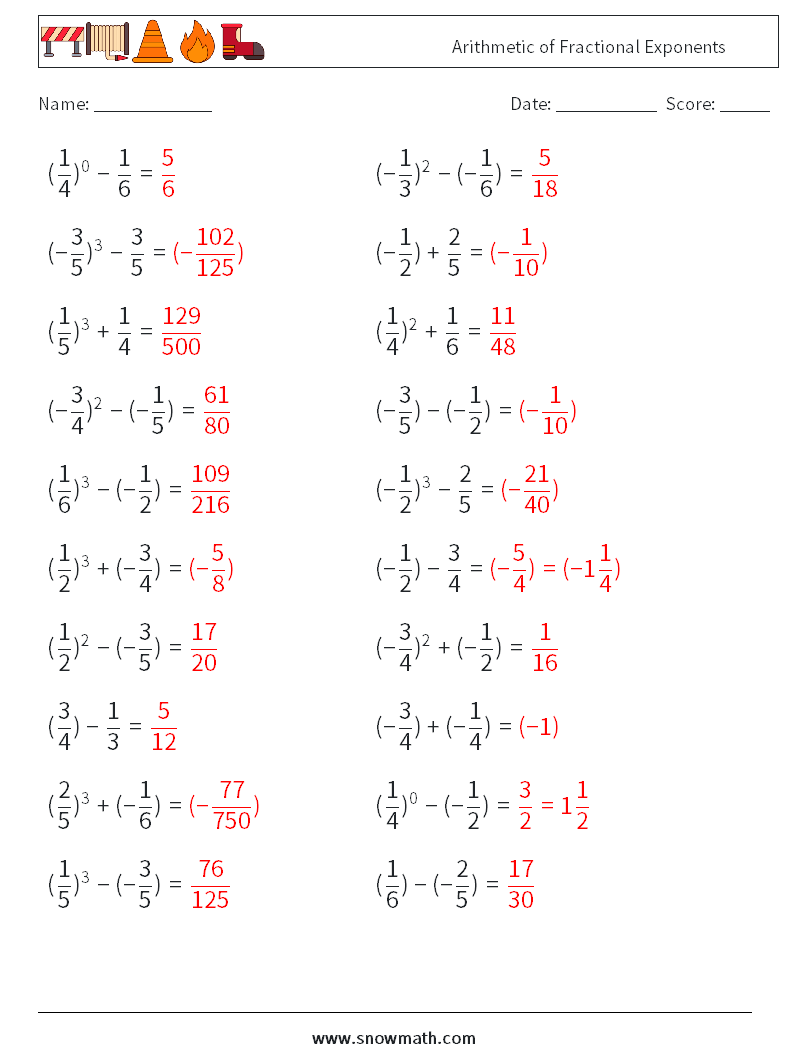 Arithmetic of Fractional Exponents Maths Worksheets 7 Question, Answer