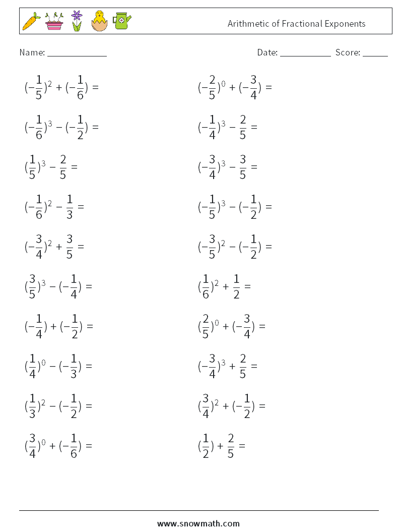 Arithmetic of Fractional Exponents Maths Worksheets 8