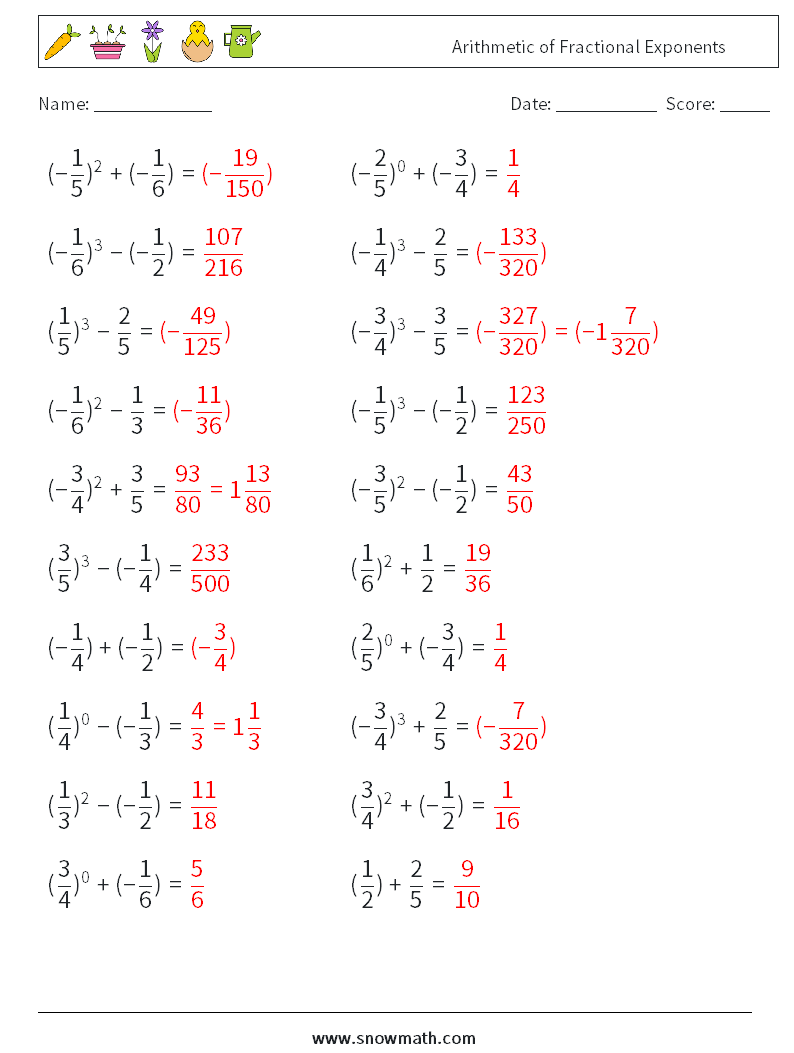 Arithmetic of Fractional Exponents Maths Worksheets 8 Question, Answer