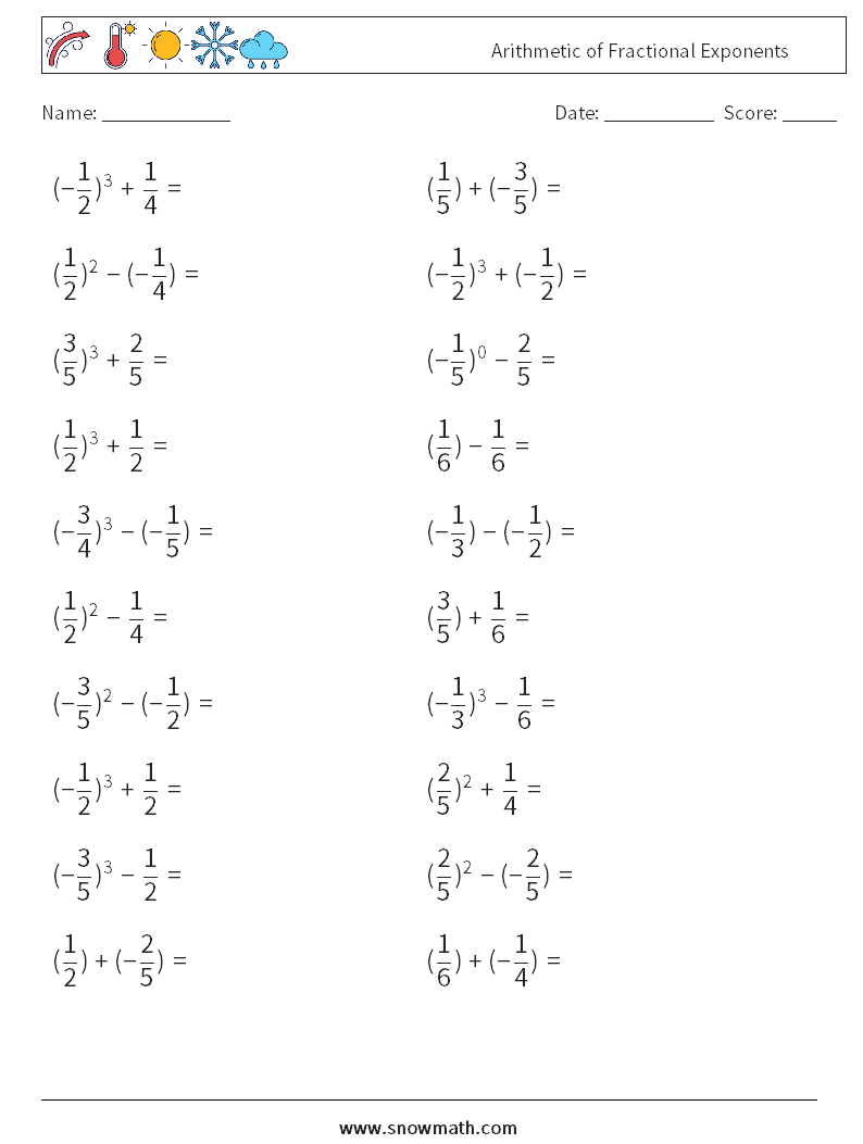 Arithmetic of Fractional Exponents Maths Worksheets 9