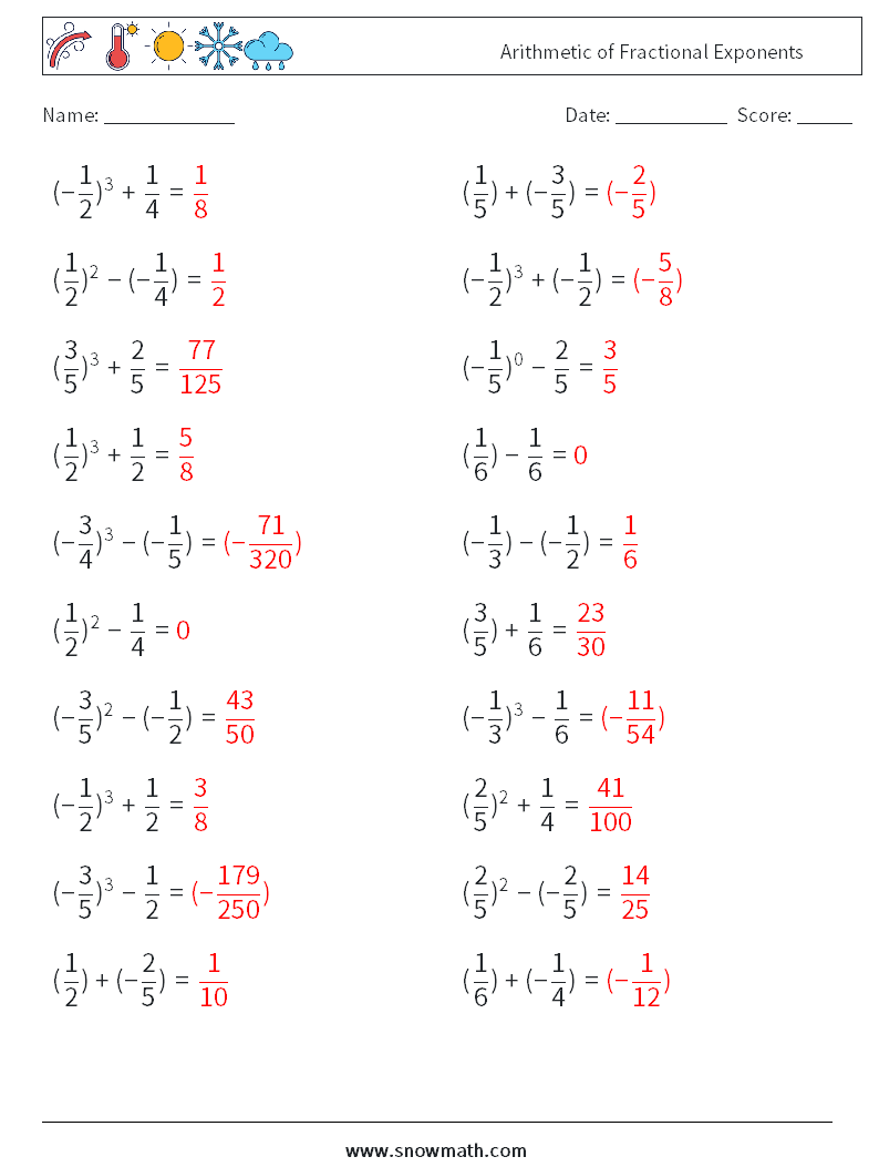 Arithmetic of Fractional Exponents Maths Worksheets 9 Question, Answer