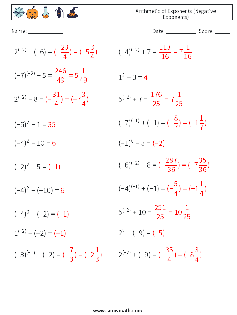  Arithmetic of Exponents (Negative Exponents) Maths Worksheets 2 Question, Answer