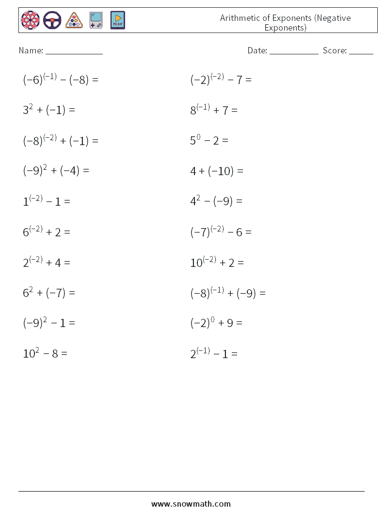  Arithmetic of Exponents (Negative Exponents) Maths Worksheets 3
