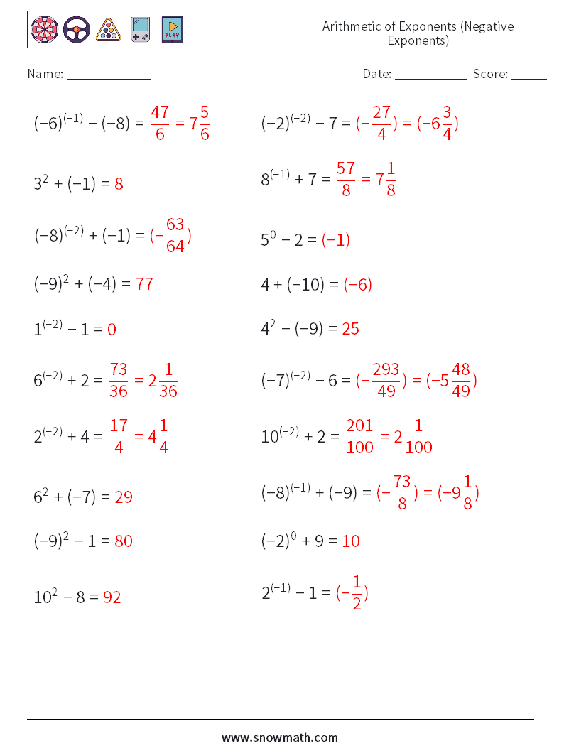  Arithmetic of Exponents (Negative Exponents) Maths Worksheets 3 Question, Answer