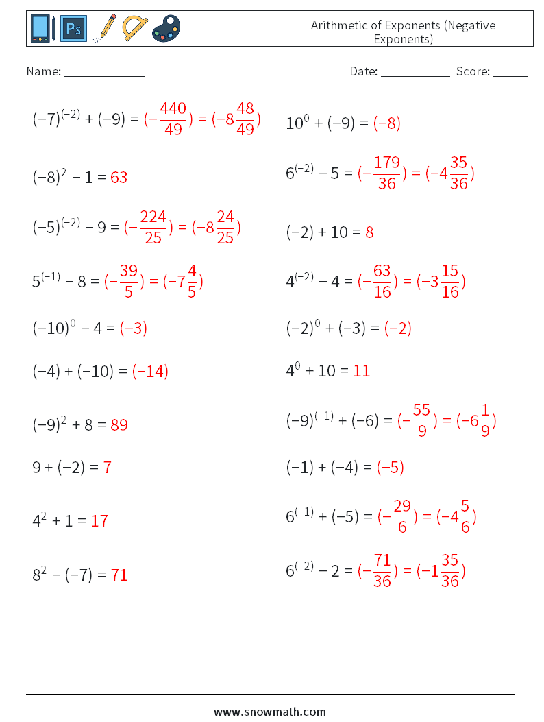  Arithmetic of Exponents (Negative Exponents) Maths Worksheets 5 Question, Answer
