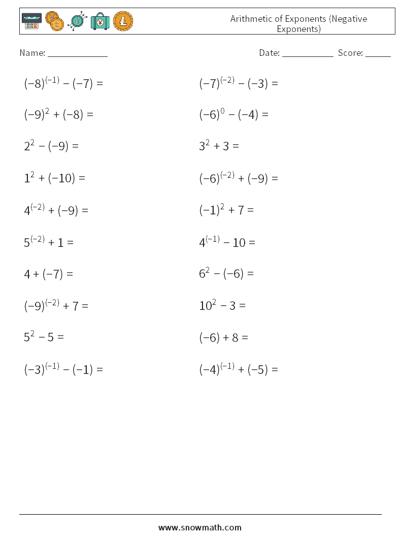  Arithmetic of Exponents (Negative Exponents) Maths Worksheets 6