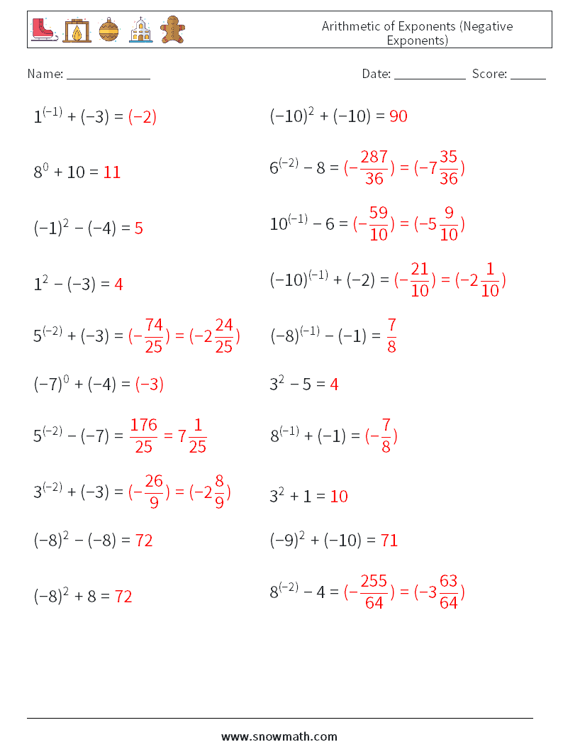  Arithmetic of Exponents (Negative Exponents) Maths Worksheets 9 Question, Answer