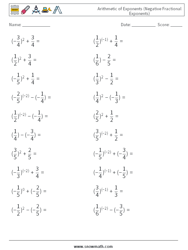  Arithmetic of Exponents (Negative Fractional Exponents) Maths Worksheets 1