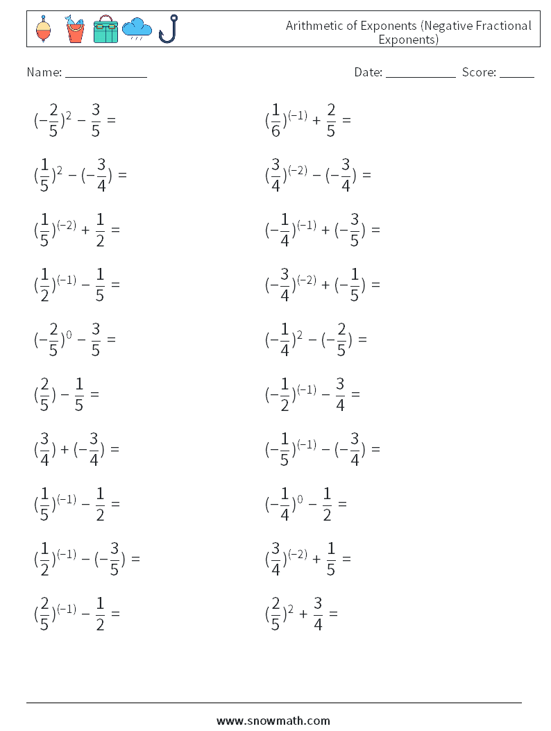  Arithmetic of Exponents (Negative Fractional Exponents) Maths Worksheets 2