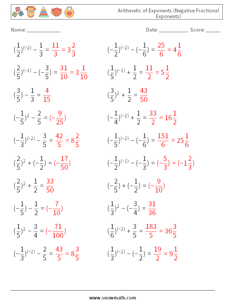  Arithmetic of Exponents (Negative Fractional Exponents) Maths Worksheets 3 Question, Answer