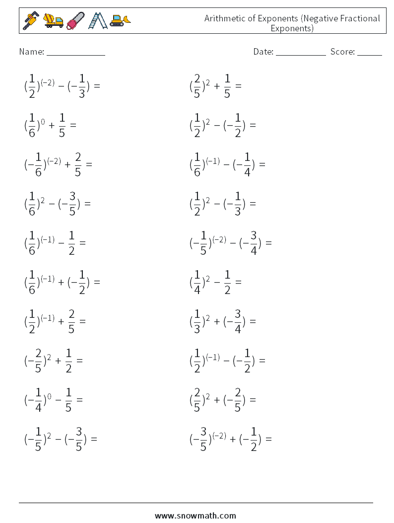  Arithmetic of Exponents (Negative Fractional Exponents) Maths Worksheets 4