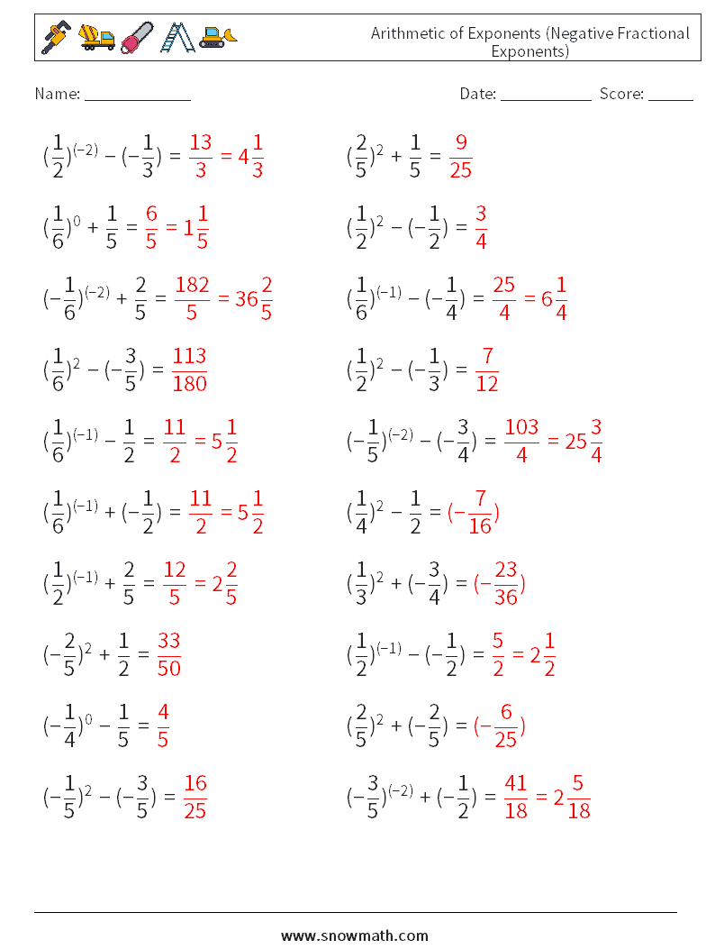  Arithmetic of Exponents (Negative Fractional Exponents) Maths Worksheets 4 Question, Answer