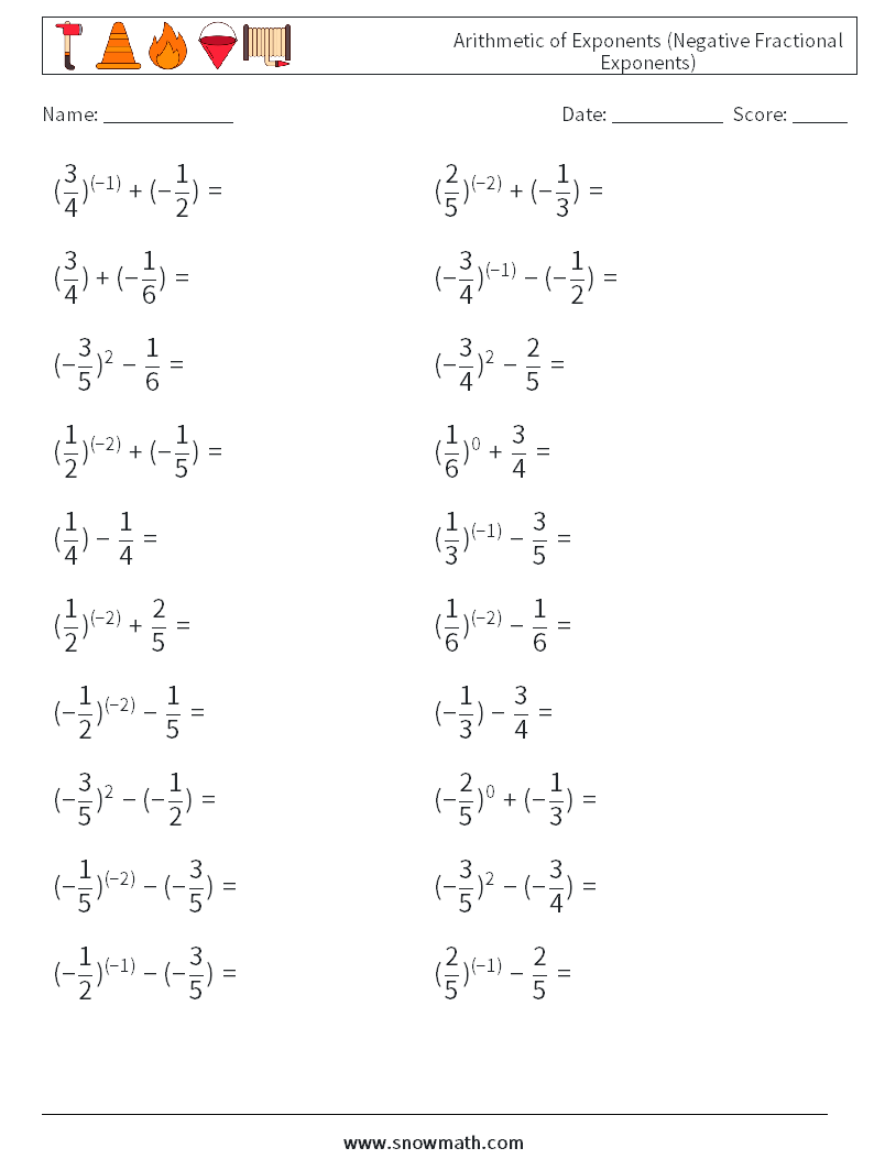  Arithmetic of Exponents (Negative Fractional Exponents) Maths Worksheets 5