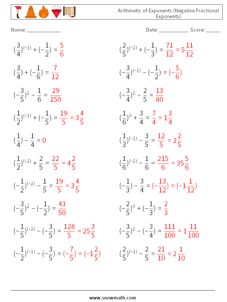  Arithmetic of Exponents (Negative Fractional Exponents) Maths Worksheets 5 Question, Answer