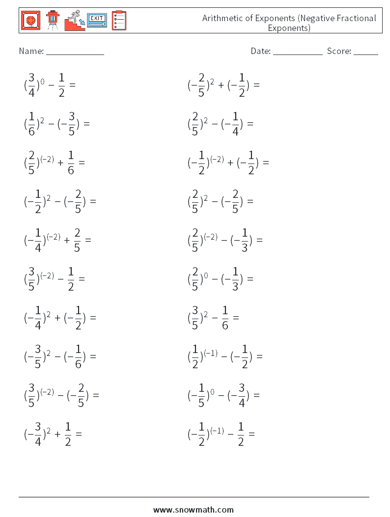  Arithmetic of Exponents (Negative Fractional Exponents) Maths Worksheets 7