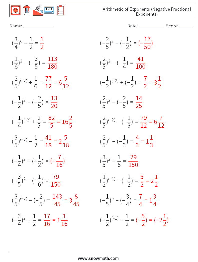  Arithmetic of Exponents (Negative Fractional Exponents) Maths Worksheets 7 Question, Answer