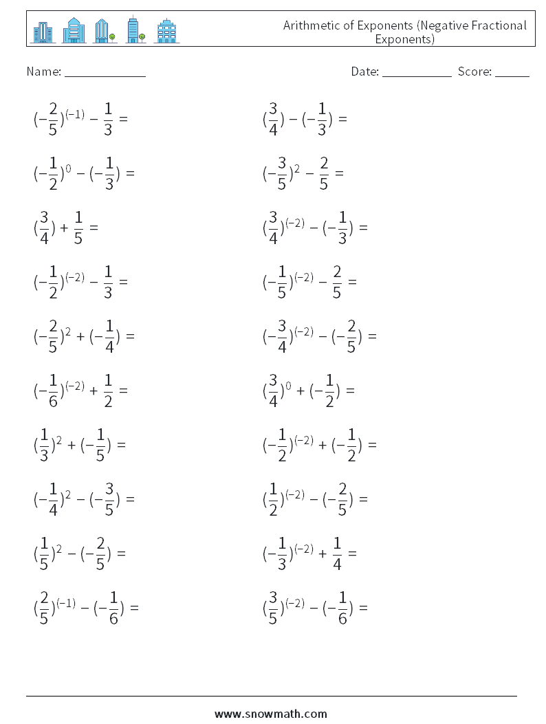  Arithmetic of Exponents (Negative Fractional Exponents) Maths Worksheets 8