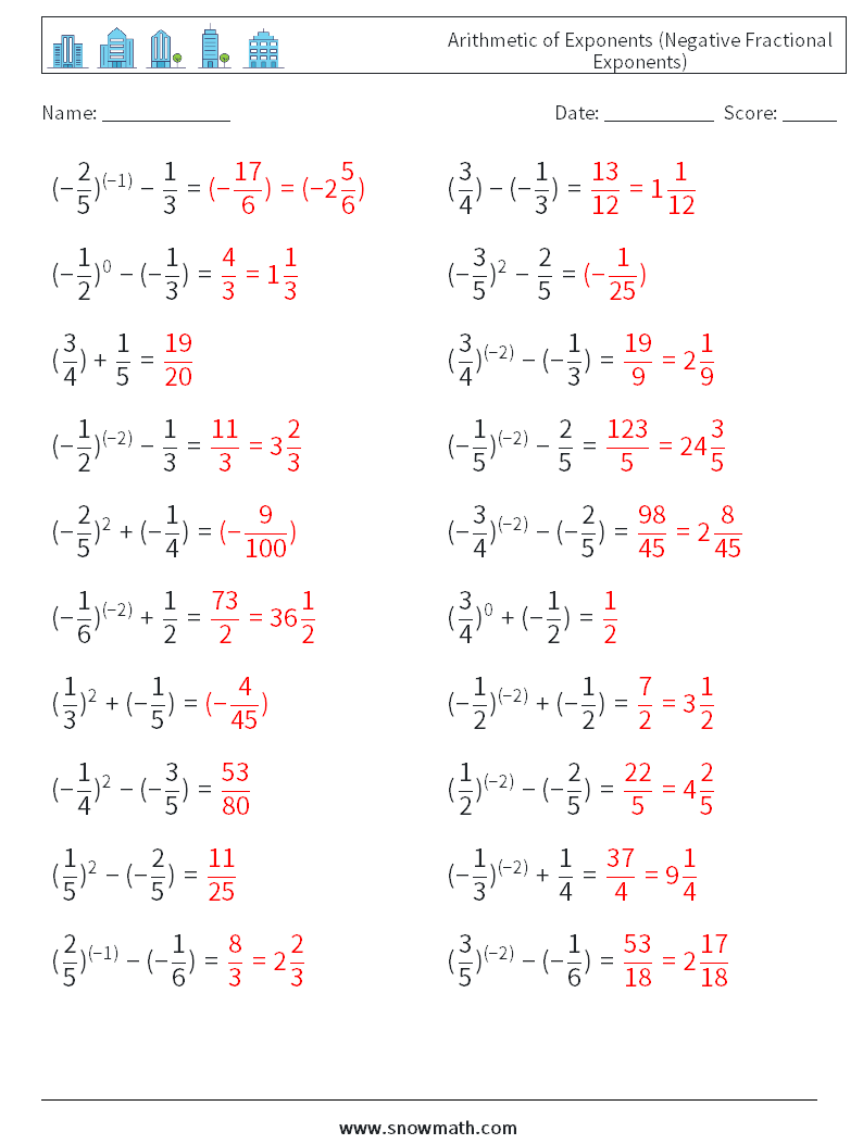  Arithmetic of Exponents (Negative Fractional Exponents) Maths Worksheets 8 Question, Answer