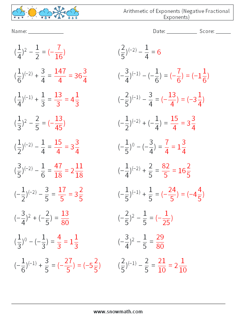  Arithmetic of Exponents (Negative Fractional Exponents) Maths Worksheets 9 Question, Answer