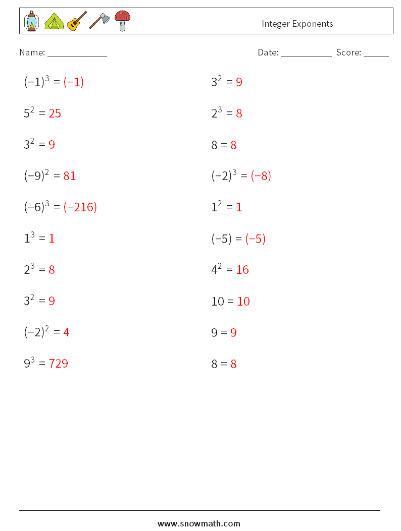 Integer Exponents Maths Worksheets 1 Question, Answer