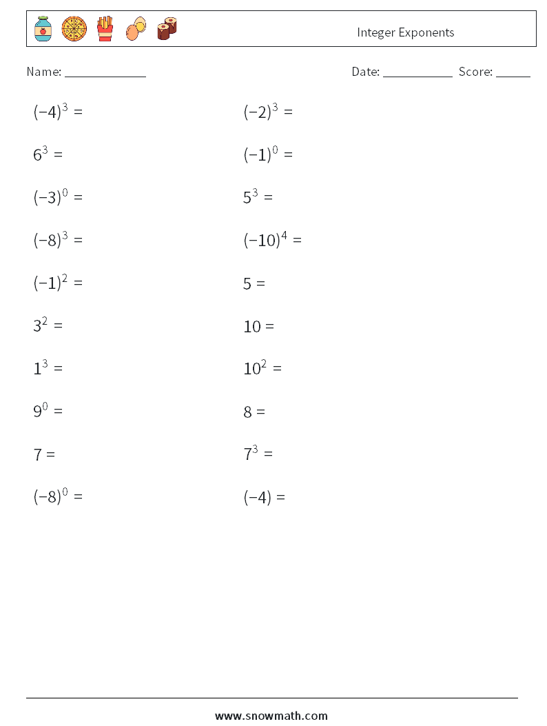 Integer Exponents Maths Worksheets 2