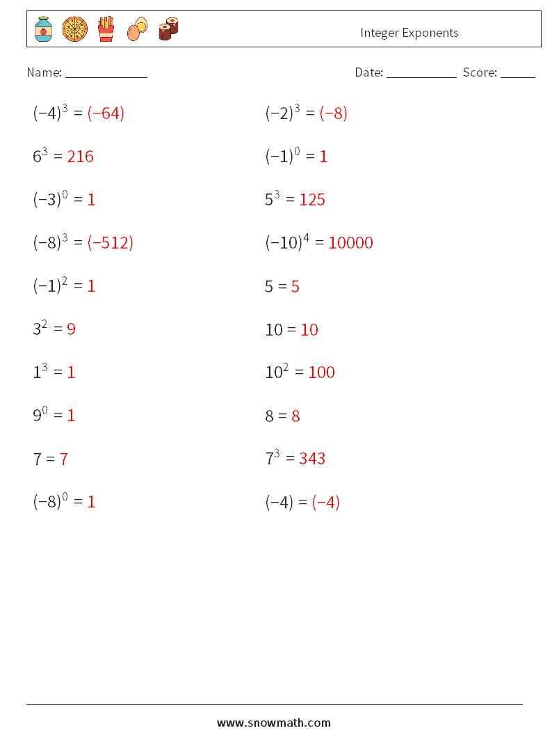 Integer Exponents Maths Worksheets 2 Question, Answer