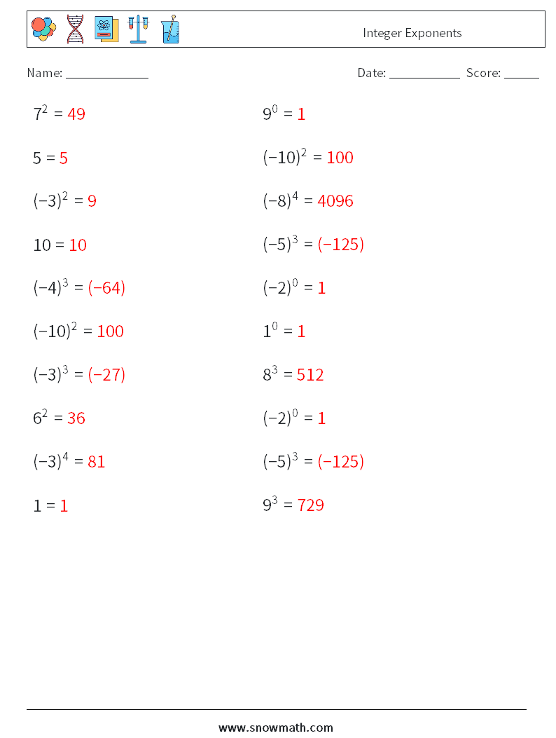 Integer Exponents Maths Worksheets 3 Question, Answer
