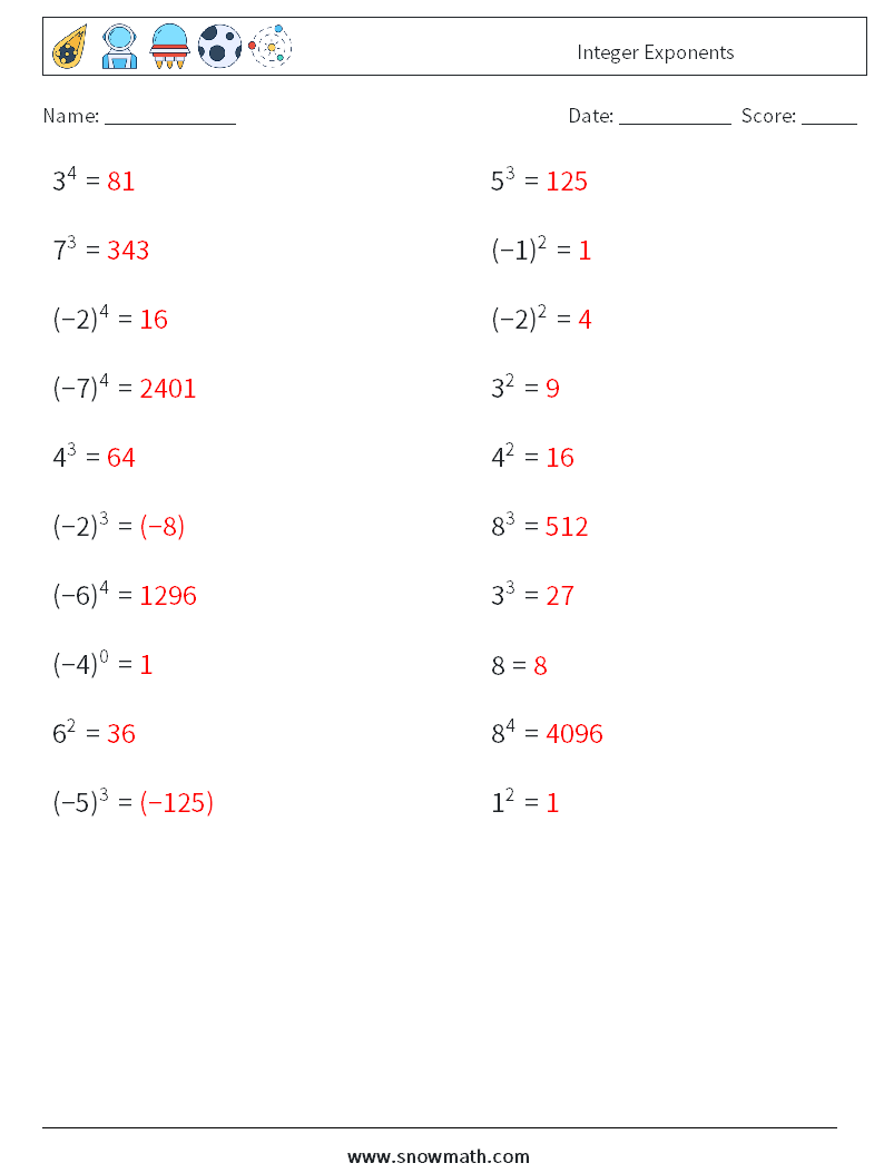 Integer Exponents Maths Worksheets 4 Question, Answer