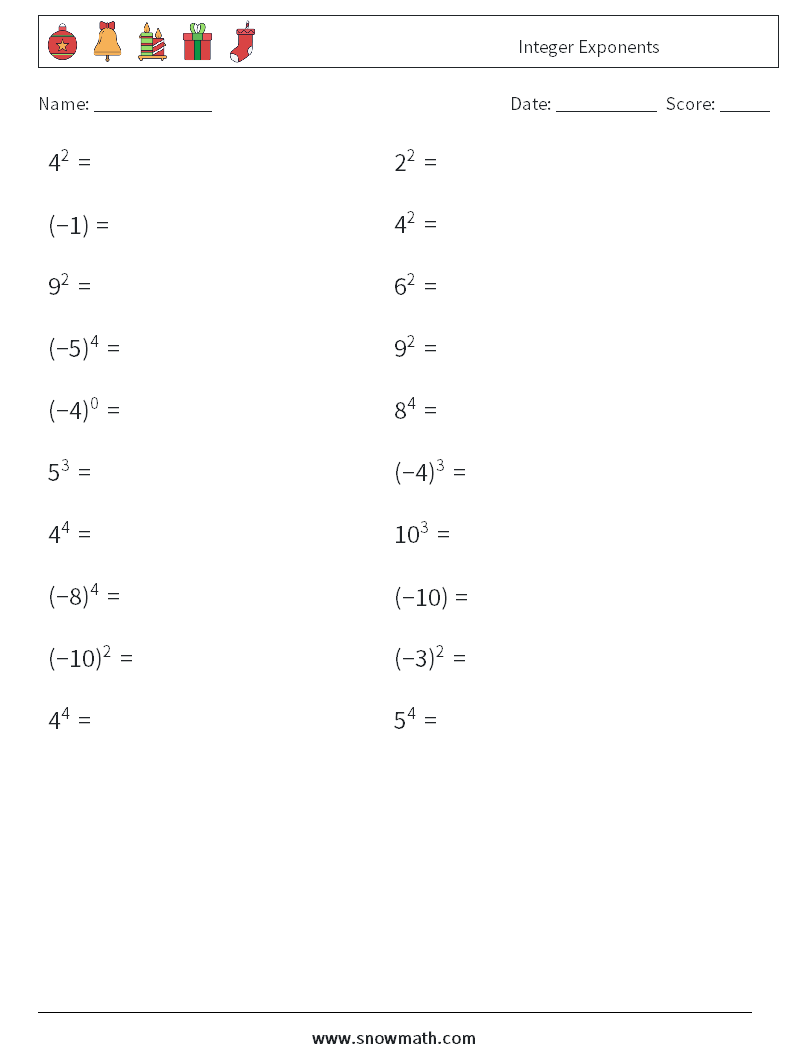 Integer Exponents Maths Worksheets 5