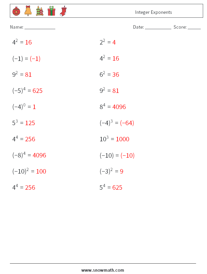 Integer Exponents Maths Worksheets 5 Question, Answer